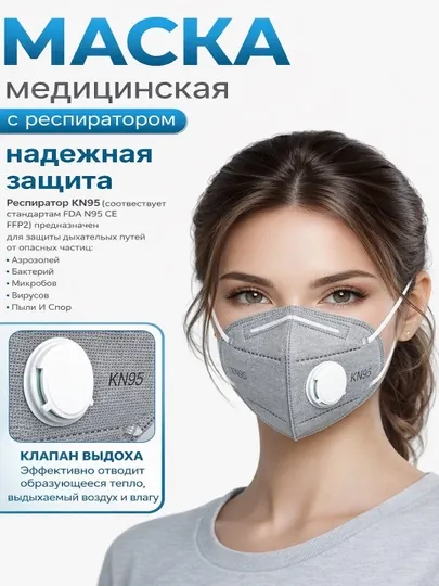 Маска респиратор четырёхслойная, с клапаном KN95, FFP2