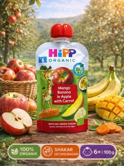 HiPP пюре - морковь, манго, банан, яблоко с 4+ месяцев 100 грамм