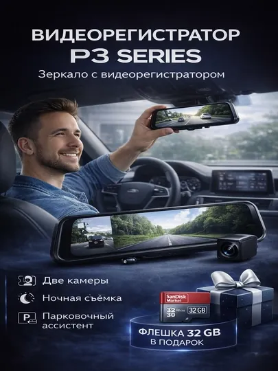 Зеркальный видеомагнитофон с камерой P3 Series-2, Full HD, с 10-дюймовым сенсорным экраном