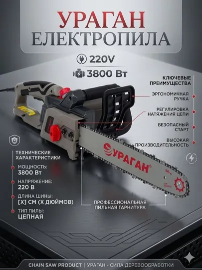 Электрическая цепная пила УРАГАН, пила, бензопила, мотопила