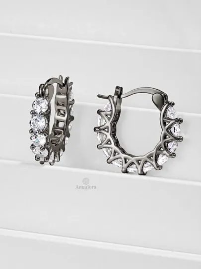 Серьги женские - круглые сережки с кристаллами, бижутерия Amadora, английский замок — AMADORA-ER003-УГОЛЬН