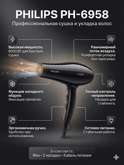 Профессиональный фен и стайлер для волос, фен Philips PH-6958, 9000 Вт