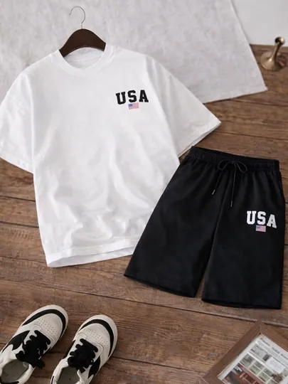 Мужской спортивный костюм футболка + шорты, USA принт, летний комплект