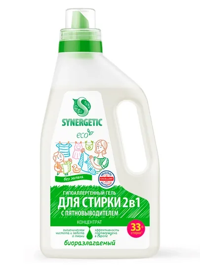 Гель для стирки SYNERGETIC 2в1 с пятновыводителем, 1л. (33+ стирки)