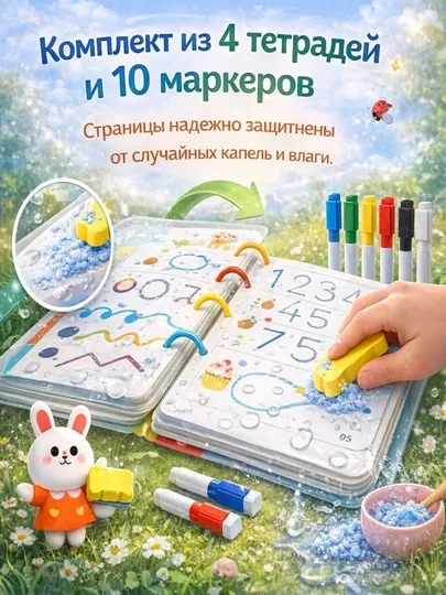 Набор многоразовых магических тетрадей "Пиши-стирай", 4 шт и 10 маркеров