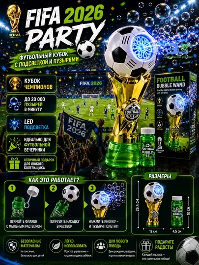 Машина для мыльных пузырей Футбольный Кубок FIFA 2026 стиль, пузыремет со светом