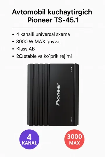 Автомобильный усилитель Pioneer TS-45.1 – 4-канальный, 3000 Вт макс., класс AB, 2 Ом/4 Ом