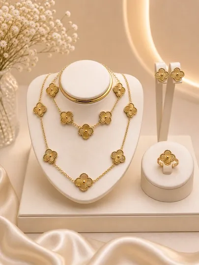 Комплект украшений в стиле Van Cleef — кольцо, серьги, цепочка и браслет