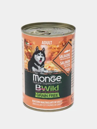 Консервированный корм Monge BWild для всех пород, кусочки лосося с тыквой и кабачками, 400 г