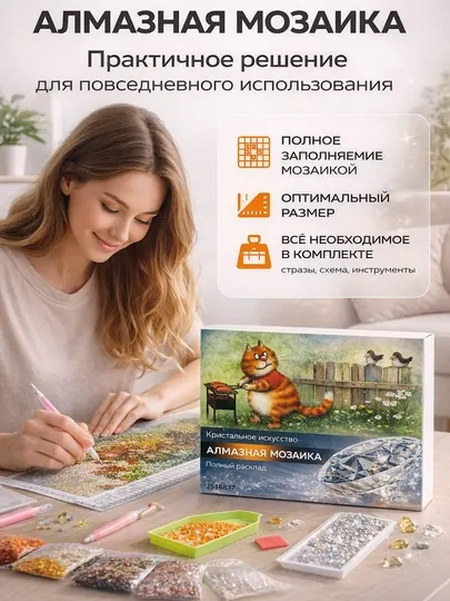 Алмазная мозаика «Кот у мангала», 30×20 см