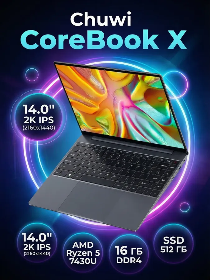 Ноутбук для дома и работы CoreBook X 14.0" AMD Ryzen 5 7430U