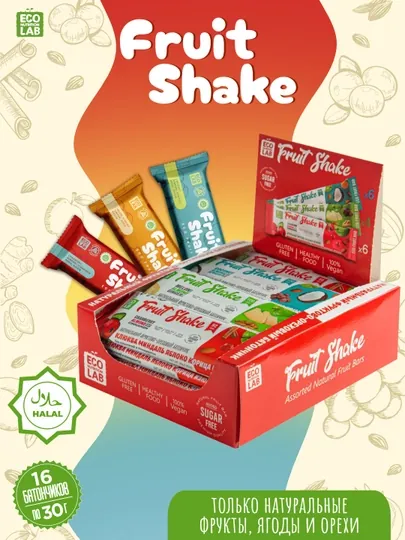 Фруктово-ореховые батончики Fruit Shake Ассорти, клюква/дыня/кокос, 16 штx30 г