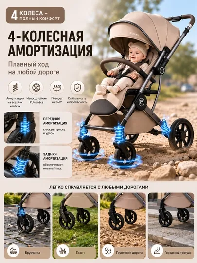 Коляска детская прогулочная с перекидной ручкой, амортизация всех колес