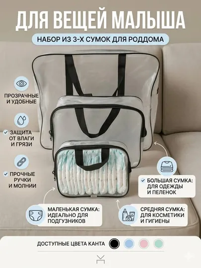 Сумки в роддом для беременных, матово-прозрачные, водонепроницаемые, 3 шт — DILMAR2-CXC-ЧЕРН