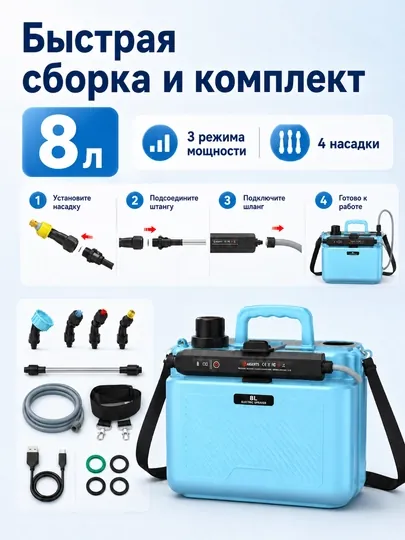 Улучшенный электрораспылитель 8л, 3 режима скорости, водонепроницаемый, для сада и огорода