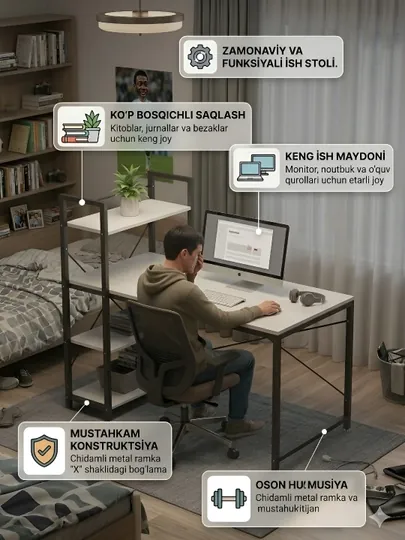 Офисный стол для компьютера, рабочий стол для ноутбука, письменный стол с полками