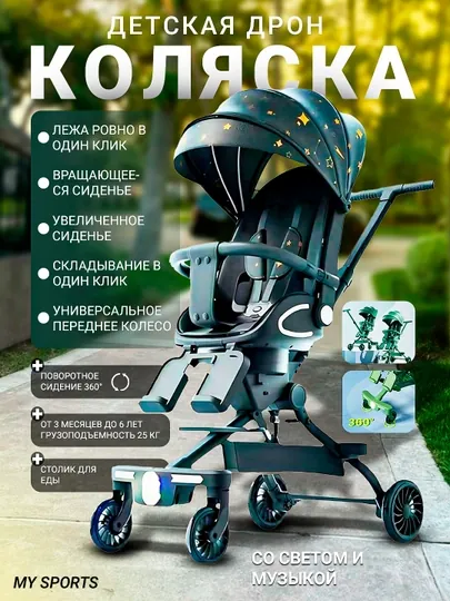 Детская коляска M2, с подсветкой и музыкой, вращающаяся на 360, для путешествий