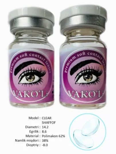 Контактные линзы VAKO'Li для глаз (прозрачные), 12 месяцев, 2 Линзы, CLEAR -8.0