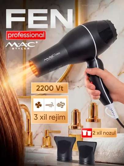 Фен для волос MAC Styler, профессиональный фен 2200W, 3 режима, 2 насадки