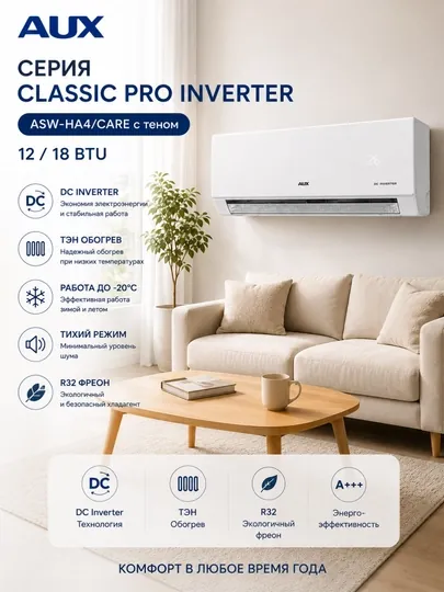 Кондиционер AUX Серия Classic Pro Inverter ASW-H18A4/CARE с теном