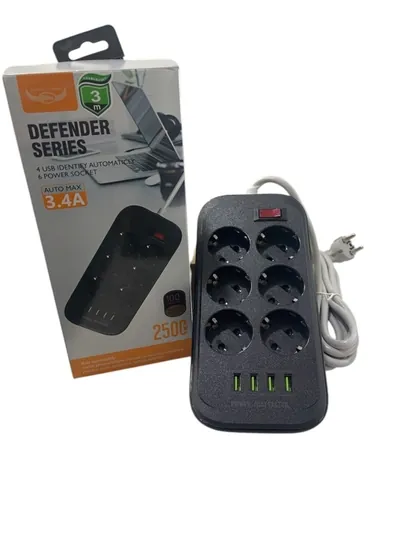 Удлинитель, 3 метра, 4 порта USB, 6 розеток — MAXYUX-6403PIL