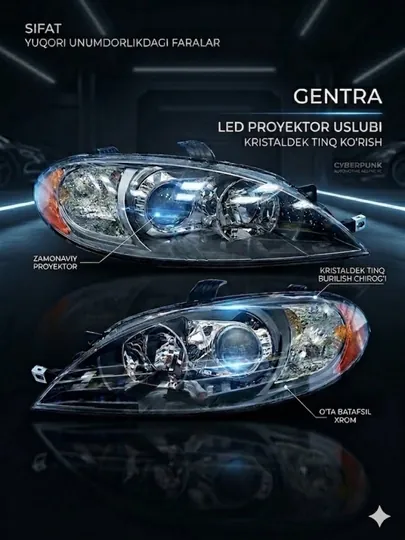 Фары gentra, led фары, проекторные фары, передние фары gentra, тюнинг