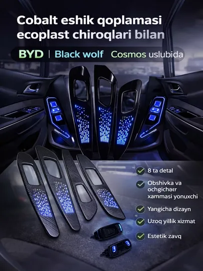 Кобальтовая отделка дверей с подсветкой из экопласта. В стиле BYD. Black Wolf и Cosmos