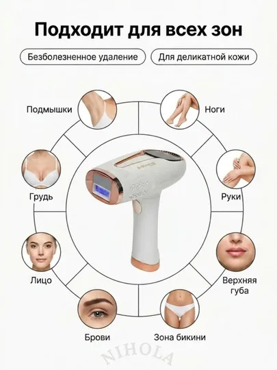 Фотоэпилятор лазерный с технологией IPL, с охлаждением, депиляция, набор для лица и тела — NIHOLA-ЭПИЛЯТОР-МОЛОЧ