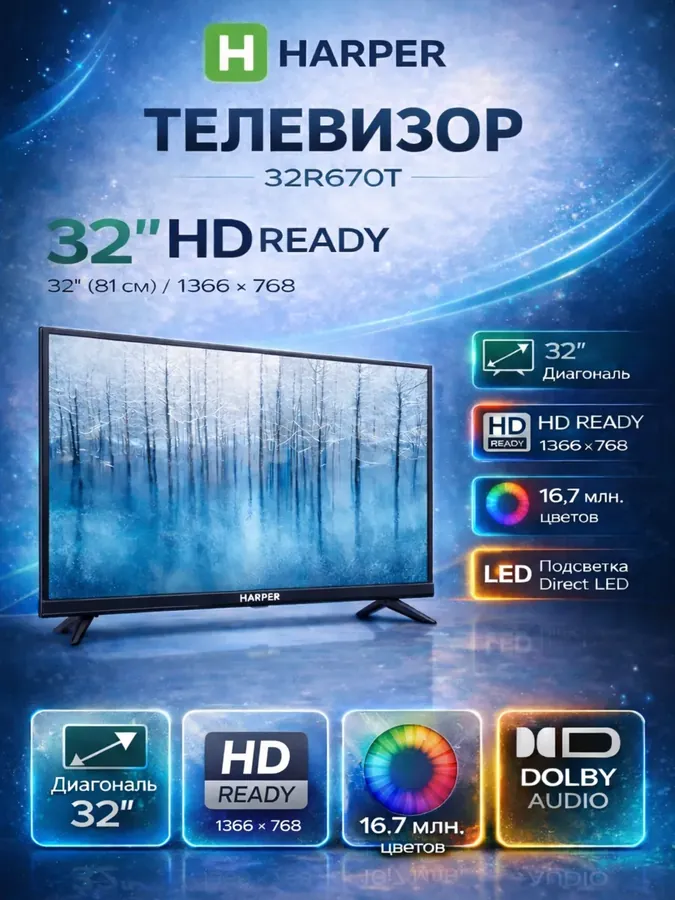 Телевизор 32 дюйма телик 32R670T, HD Ready