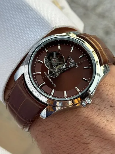 Tissot мужские наручные часы, классический дизайн, механический механизм, эко-кожаный ремешок — BRANDLU-REMTESTURLI-КОРИЧН