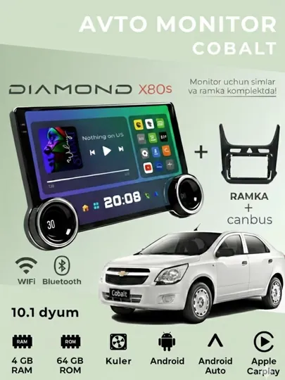 Android монитор Diamond X80s: 10.1 дюйм, 4/64 ГБ, CarPlay, Bluetooth, USB, Wi-Fi