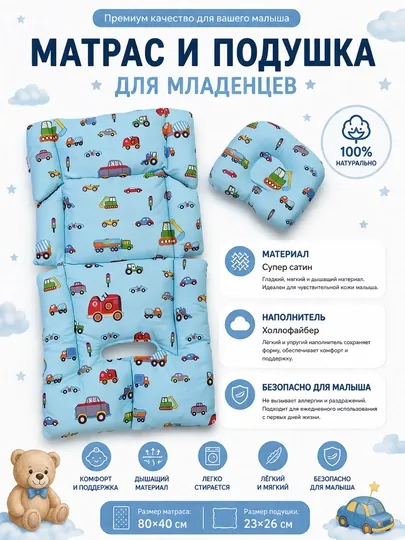 Матрас и подушка для детской коляски, вкладыш в автокресло, в шезлонг, на стульчик