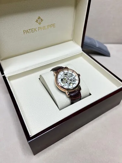 Мужские часы Patek Philippe, механика, классический, с кожаным ремешком, в подарочной коробке — WATCHOZ-PATEKPHILIPPE5-ЗОЛОТ
