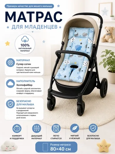 Матрас для детской коляски, вкладыш в автокресло, матрас на шезлонг, на стулчик
