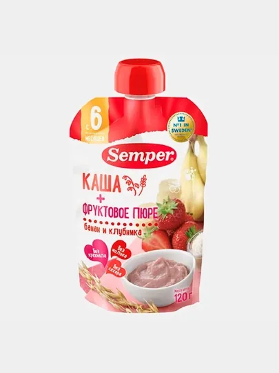 Фруктово - зерновое пюре Semper, бананово - клубничное с кашей, с 6 месяцев, 120 г