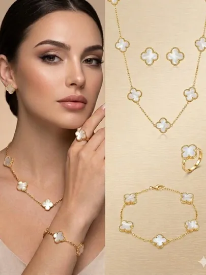 Набор украшений VAN CLEEF: кольцо, серьги, цепочка и браслет — IMPERA-TORTBARGLIKOMPLEKT-БЕЛЫЙ