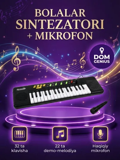 Детский электронный синтезатор DOM GENIUS с микрофоном, 32 клавиши