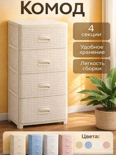 Комод пластиковый 3, 4, 5-секционный, компактный, с корзинной текстурой