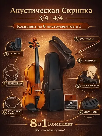 Акустическая скрипка 1/2-3/4-4/4, комплект из 8 инструментов в 1, с футляром