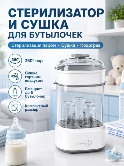 Паровой стерилизатор для бутылочек, сосок, игрушек, 3 в 1