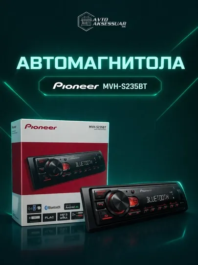 Автомагнитола для автомобиля PIONEER MVH-S235BT 1DIN черная с Bluetooth, USB и AUX