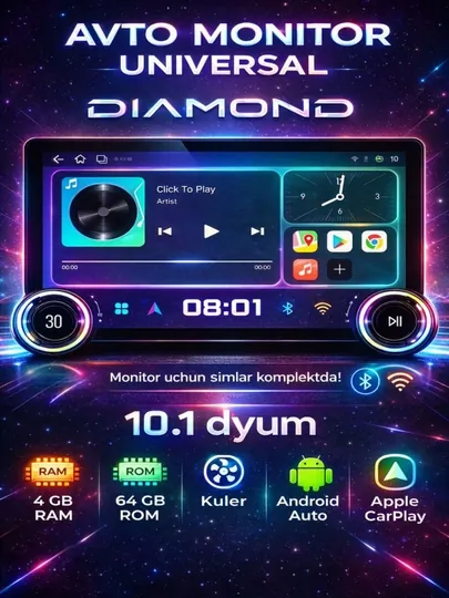Авто монитор Tesla, Diamond X80 2K, 10.1 дюйма 2+32 ГБ, WiFi кулер
