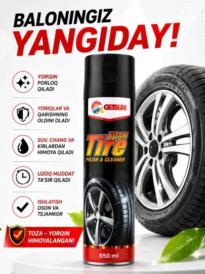 GETSUN Foam Tire – спрей для чернения и очистки шин 650 мл