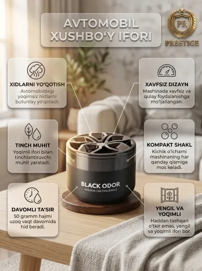 Ароматизатор автомобильный BLACK ODOR гелевый освежитель воздуха в машину, 50г — PREST01-BLECKODOR02-QULUPNA