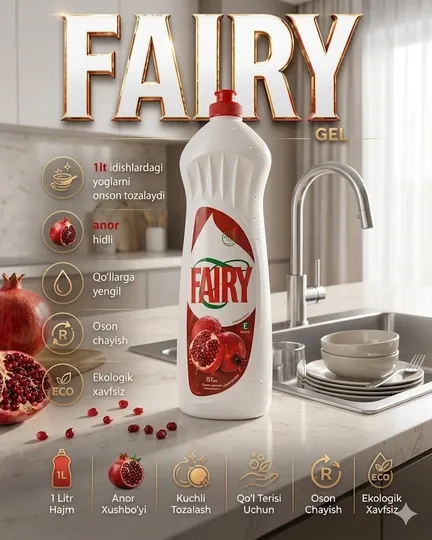 Средство для мытья посуды, Fairy гель, кухонный гель, удаление жира, 1 литр