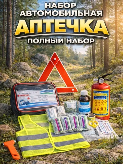 Аварийный набор, автомобильный, 5 в 1, аптечка, огнетушитель, жилет, знак, сумка
