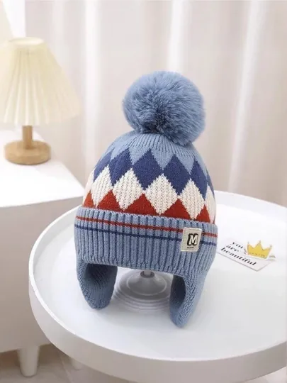Детская шапка зимняя, 2–6 лет — с ушками и помпоном, вязаная, флис внутри