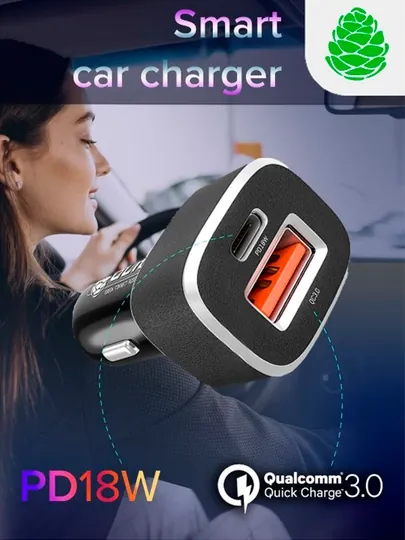 Быстрая зарядка для телефона в машину GCR USB + Type-C QC 3.0 Power Delivery 18 W