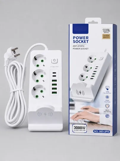 Многофункциональный удлинитель с беспроводной зарядкой (3 розетки, 4 USB, 2 Type-C, 3000W) — ZTECHNO-SOCKETPOWERNEWBLACK-ЧЕРН