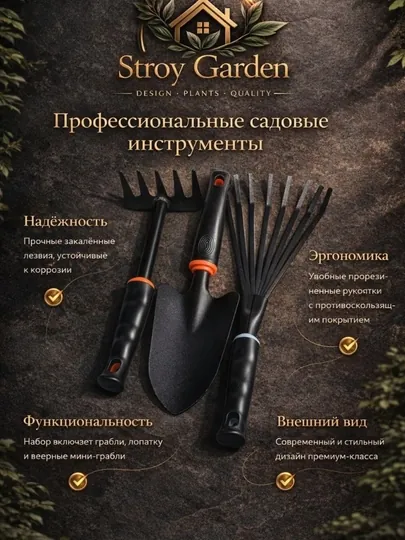 Набор садовых инструментов: лопата, грабли, мотыга, 3 предмета, 25 см
